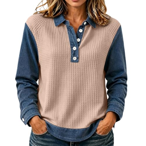 Waffle Tops for Women Denim Patchwork Collared Button Comfy Pullover Tops - image 1