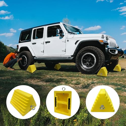 Image of HOXWELL Premium 4 pcs Heavy Duty Wheel Tire Chocks, Vehicle Chocks with Eyebolt for Travel Trailers, Camper, Truck, Car and ATV 4 Pack, Yellow