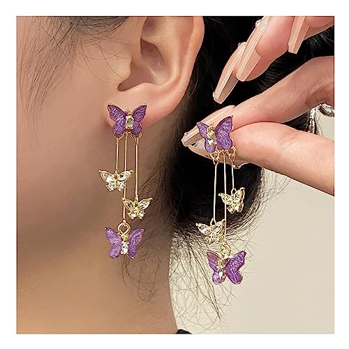 Purple Butterfly Tassel Style Zircon Earrings For Women Crystal Rhinestone Drop Earrings Long Butterfly Dangle Earrings Wedding Jewelry Gifts For Women #TOP6