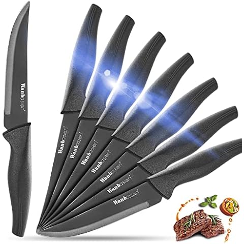 Wanbasion Black Non Serrated Steak Knives Set, Steak Knife Set Dishwasher Safe, Sharp Steak Knives Set for Kitchen with Ergonomic Handles Cover