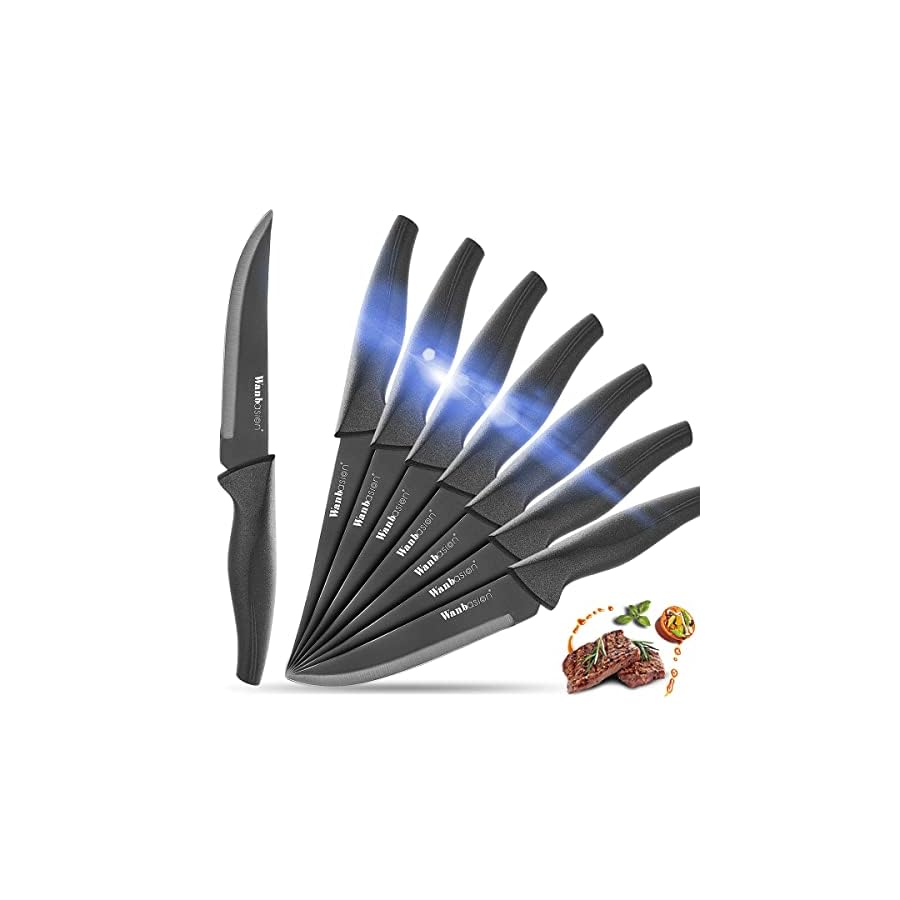 Wanbasion Black Non Serrated Steak Knives Set, Steak Knife Set Dishwasher Safe, Sharp Steak Knives Set for Kitchen with Ergonomic Handles