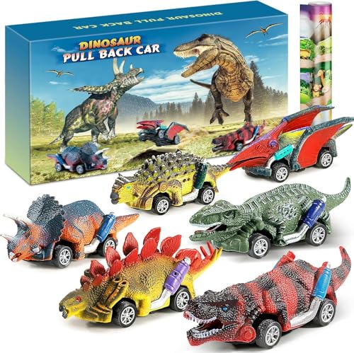 Jojoin Coches de Dinosaurios Juguetes - 6 Piezas Coche de Juguete de Dinosaurios con Alfombra de Actividades - Regalo Educativo para Niños 3 4 5 6 7 Años - Pascua Regalo