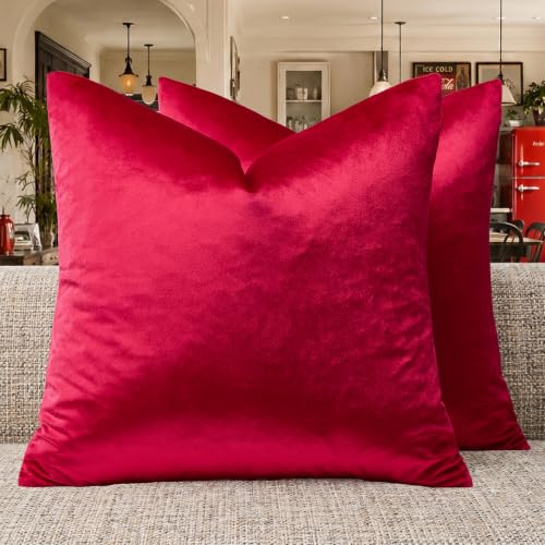 Image of GIGIZAZA Decorative Throw Pillow Covers 26x26,Red Square Couch Pillow Covers,Velvet Sofa Boho Cushion Pillows