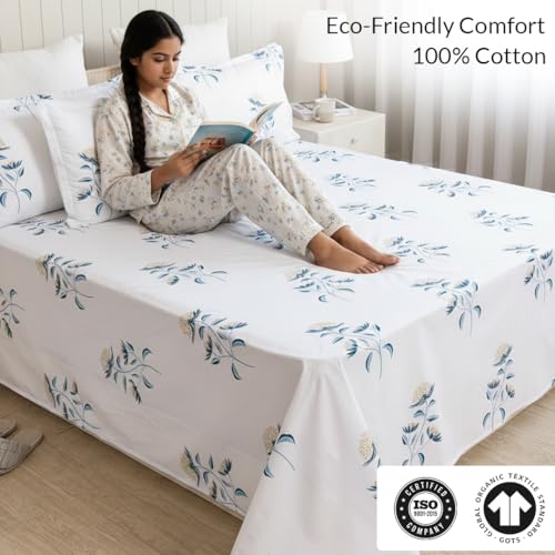 Image of HOMEMONDE Queen Size Bedsheet | Cotton Flat Sheet with Two Pillow Covers | 186 TC |Floral Design|Soft & Breathable Bed Sheet for Queen Size Bed (90 x 100 Inch /229 x 254 cm, Turquoise & Blue)