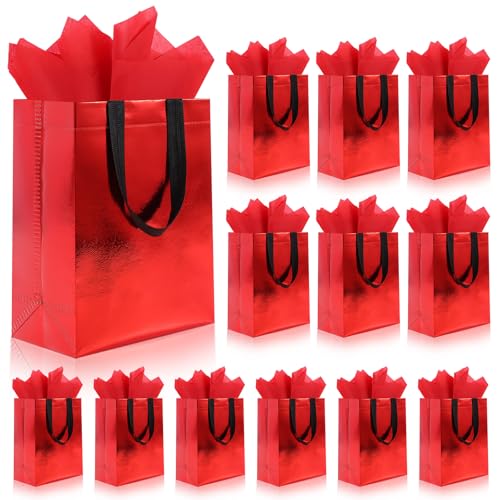 Addblu 12 Pack Reusable Gift Bags with Handles & 24 Tissue Papers 10x4x8 Inch Iridescent Gift Bags with Cardboard Bases for Shopping Parties Birthdays Weddings Holiday (Red Gift Bag)