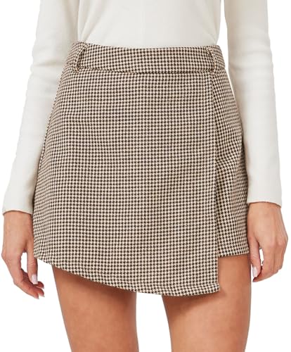 XinYangNi Women's Casual High Waisted Asymmetrical Hem A-line Plaid Dressy Wrap Skort Shorts Coffee and White Medium