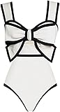 FLAXMAKER Black and White Swimsuit Bow-tie Decor One Piece Bathing Suit Large White Swimsuit