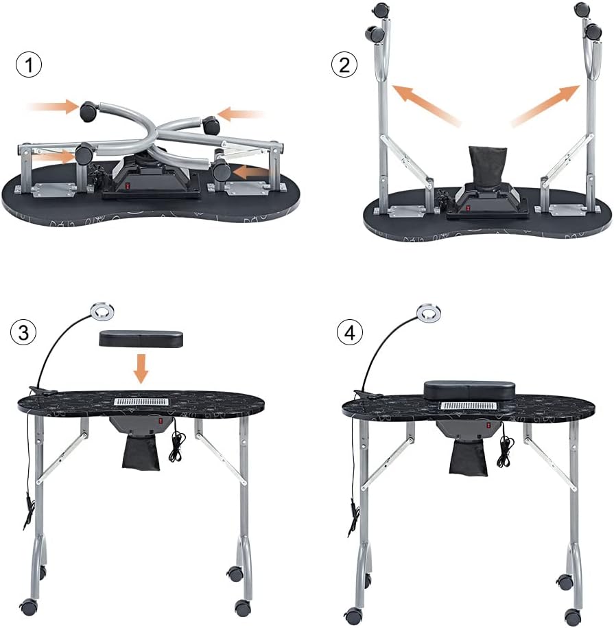 LOVELOGY Portable Manicure Table，Nail Desk 4 Lockable with Wheels,Manicure Desk for Nail Tech with LED Light & Dust Collector,Black