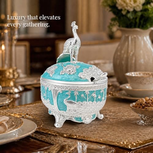 Image of Diviniti Luxury German Silver Peacock Decorative Bowl with Spoon & Gift Box | Royal Turquoise Decorative Dry Fruit & Mishri Container | Premium Serving Bowl for Dining, Wedding & Festive Gift (16 cm)