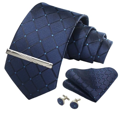 Image of Striped Plaid Polka Dot Mens Tie Formal Necktie Pocket Squares Ties Clips Cufflinks Classic for Men Set