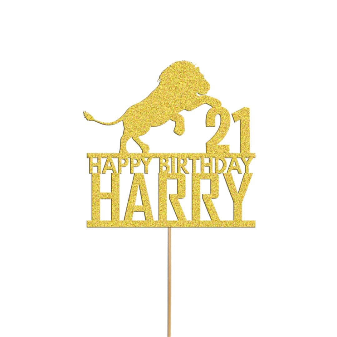 Lion Animal King Cake Topper Personalised Boys Birthday Cake Decoration Any Name & Age | Personalised Cake Topper with Custom Name & Age | Birthday Party Decoration | Gold