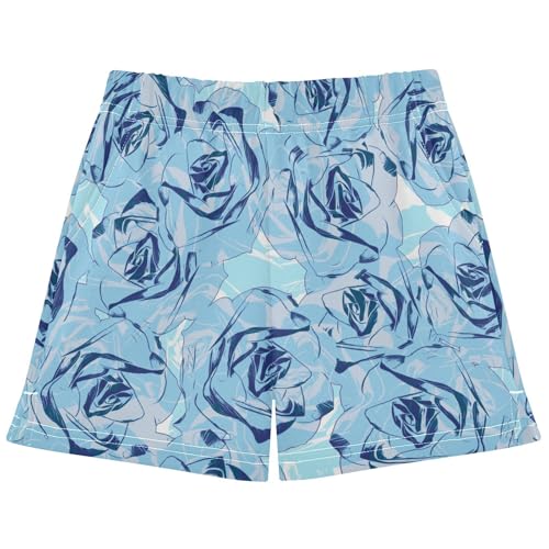 pnyoin Girl's Shorts Watercolor Blue Roses Athletic Running Shorts with Pockets Size 12-13t