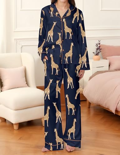 Image of SHESHOW Satin Pajamas Set for Women Set Long Sleeve Button Down Pjs Sets 2 Piece Loungewear Animal Sleepwear XS-XXL