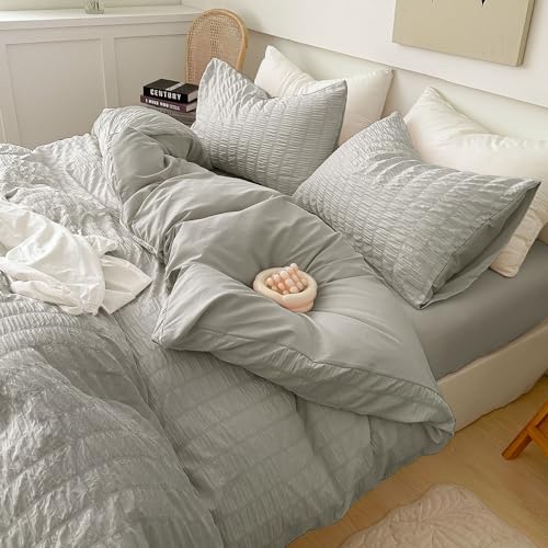 布団カバーセット シアサッカー生地 シングル ダブル 寝具カバーセット 3点セット 掛け布団カバー ボックスシーツ 枕カバー 可愛い 柔らかい 快適 通気性 速乾タイプ 丸洗い オールシーズ(シングル3点セット、ライトグレー)