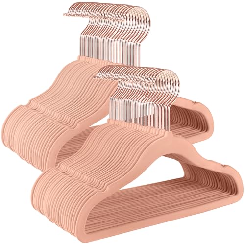 Image of SONGMICS Baby Hangers 50 Pack, Velvet, Non-Slip, Space-Saving | Kids Clothes Hangers, Rose Gold 360° Swivel Hooks, for Closet, for Nursery, Coral Pink, BREANNA Collection UCRF027P01
