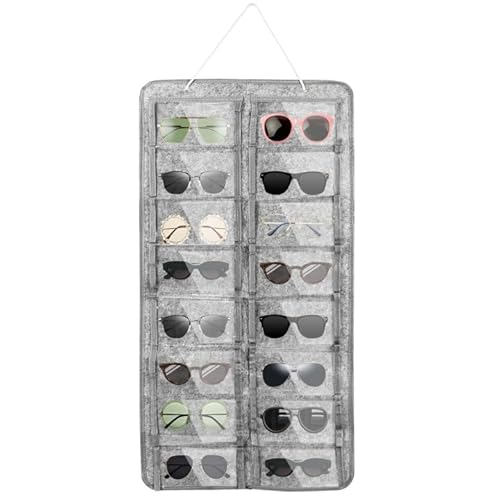 Photo de Amexo Rangement Lunettes 16 Fentes Suspendu Organiseur Lunettes de Soleil Transparent Étanche à la Poussière Sacs Organisateur en Feutre pour Maison Gris