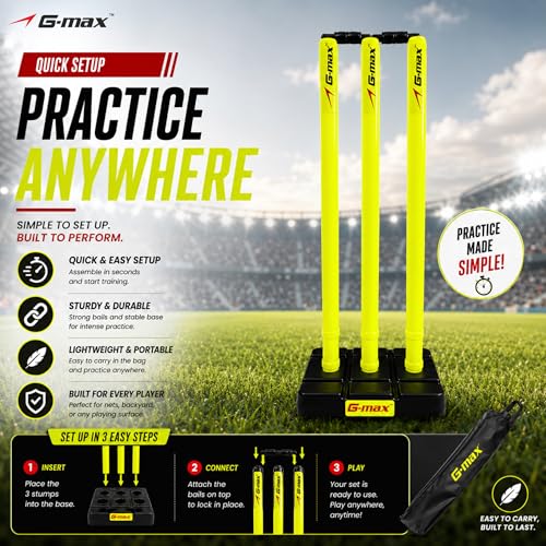Image of G-Max Cricket Wicket Set - 30 Inch Plastic Stumps with Stand & Bails | Durable Cricket Wickets for Ground, Match, Tournament, Practice | Standard Size Cricket Kit for All Ages (Neon Green)