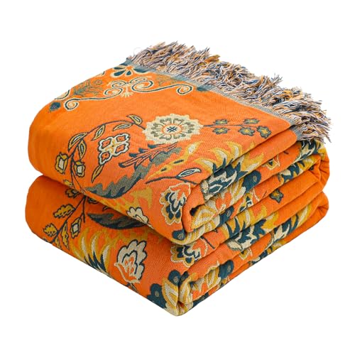Boho Large Throw Blanket, 100% Organic Cotton Breathable Soft Bed Throw - Floral Farmhouse Decor Blanket for Sofa Couch Chair and Gift. 91" x 98"- Orange