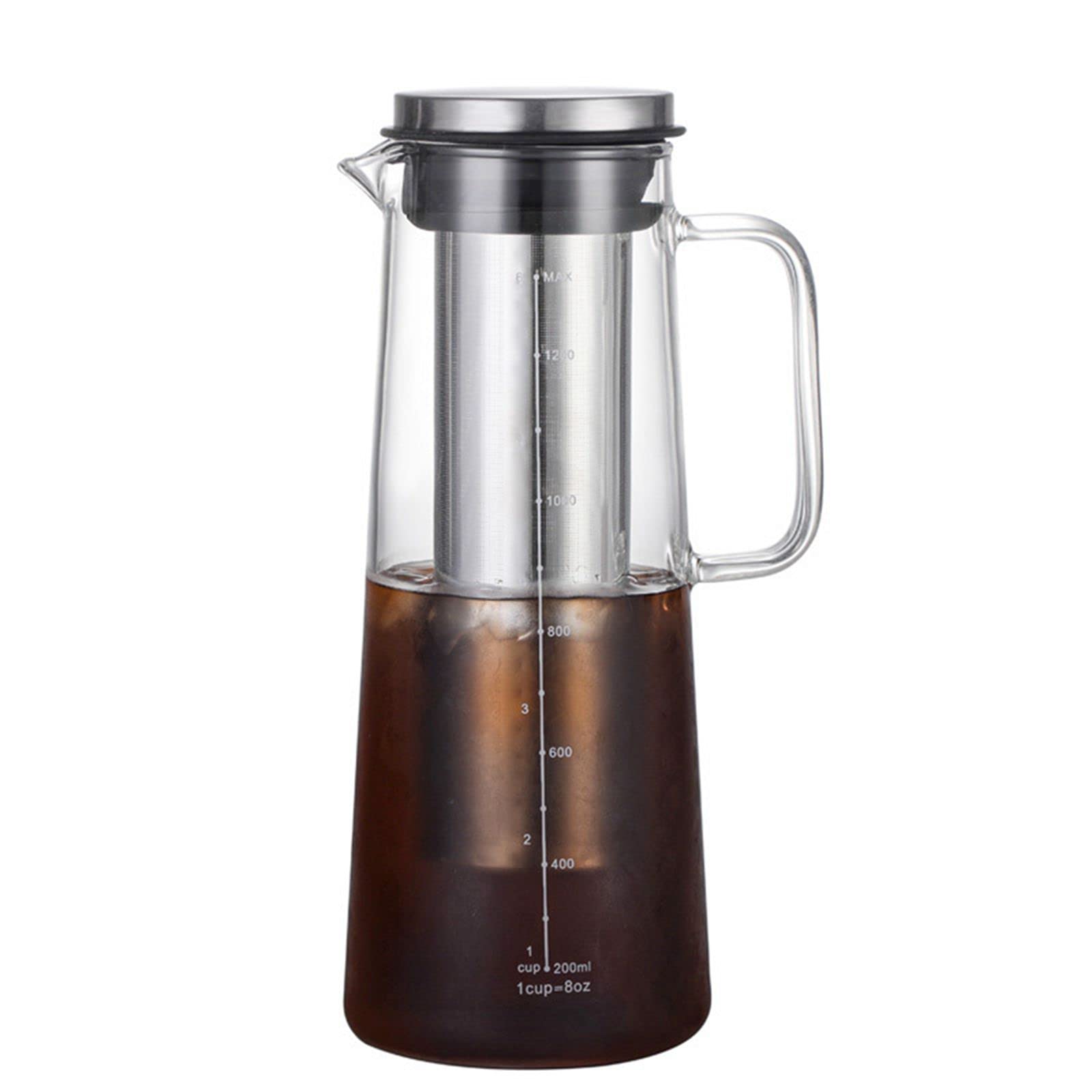 HOOPZOZAGlass Coffee Cold Brew Maker Pot Jug 1.4L with Tick Marks Stainless Steel Filter Ice Brewed Coffee Tea Infuser Pot Cold Kettle (A-V1400)