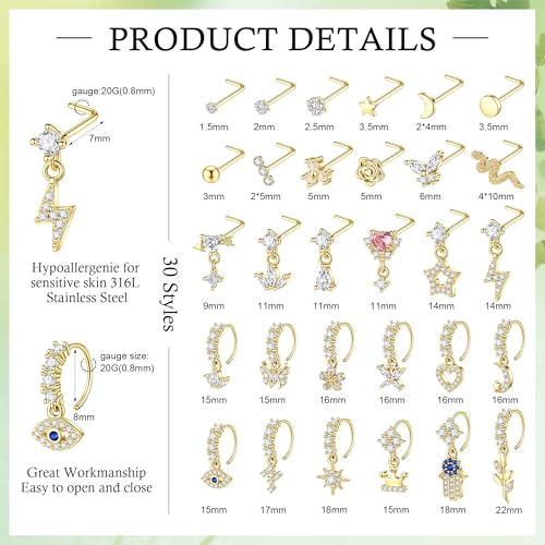 WAINIS 30Pcs 20G Dangle Nose Ring for Women L Shaped Dangling Nose Stud Surgical Steel Nose Ring Studs Dainty Flower Heart Moon Star Dangle Rings Hoops Nose Piercing3