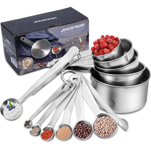 HAUSPROFI Edelstahl Messbecher und Löffel mit Messlineal, Scoop mit Clip, 4 Messbecher & 5 schmalgenaue Messlöffel & 1 Messlineal (Richtmaschine) & 1 scop mit clip, 11er-Set