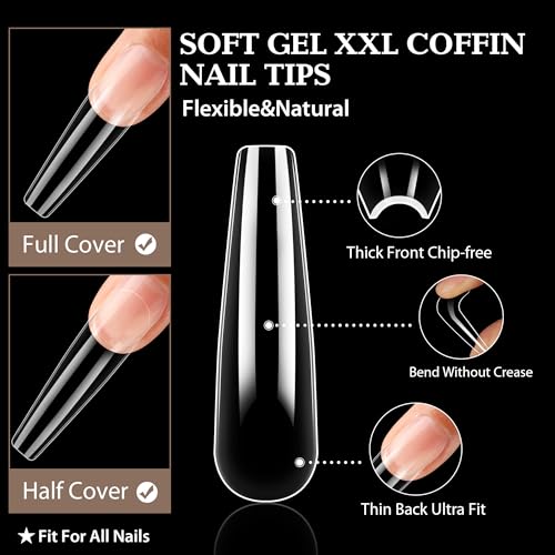 Image of UNA GELLA XXL Coffin Nails Tips Full Cover 216pcs Extra Long Coffin Nail Tips No C Curve Clear Coffin Ballerina Nail Tips False Fake Acrylic Nails for Nail Extensions DIY Art Salon