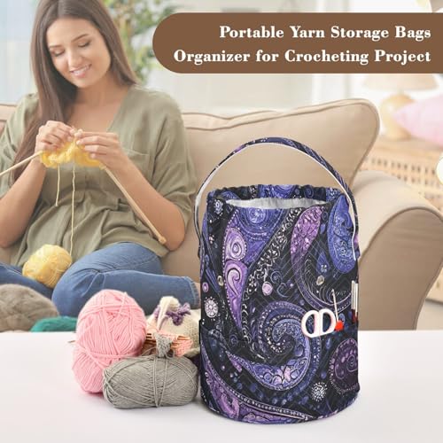 Image of Tatenale Crochet Bag Yarn Bag Knitting Project Bag with Pockets and Handle Portable Yarn Storage Organizer Tangle Free 8.3x11 InchPurple Paisley30