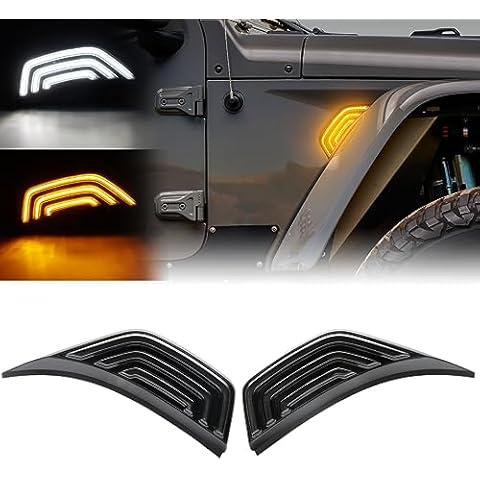 Aexploer Front Fender Air Vent Led Turn Signal Side Marker Lights Compatible with Wrangler JL JLU 2018-2024 & For Gladiator JT 2020-2023 White DRL & Amber Yellow Dynmaic Sequential Blink(Smoked Lens) Cover