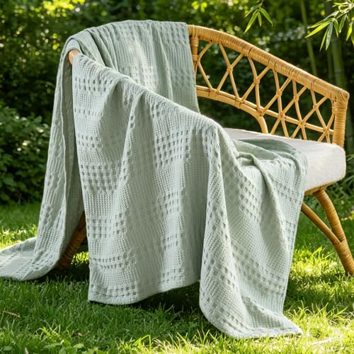 Image of BEDELITE Cooling Waffle Twin XL Blanket - Lightweight Breathable Cotton Summer Blanket of Rayon Derived from Bamboo for Hot Sleepers, Soft Throws for Bed, Couch and Sofa, Sage Green, 66x90 Inches