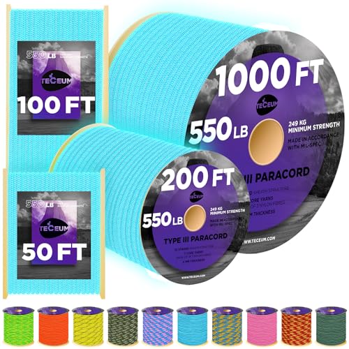 Image of TECEUM Reflective Paracord Rope 1000 - 1000ft /200ft /100ft /50ft - 40+ Colors - Glow in the Dark - para Cord - Utility Rope for Survival, Hunting & Camping Gear - Nylon String, Camping Rope, Tent Cord