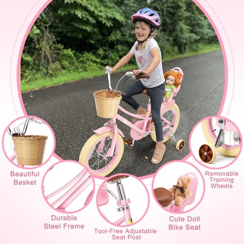 Image of Glaf Girls Bike Bicycle for 2-12 Years Old 12 14 16 20 inch Kids Toddler Bike with Training Wheels and Basket,Doll Seat, Kids Bike Bicycle for Gift