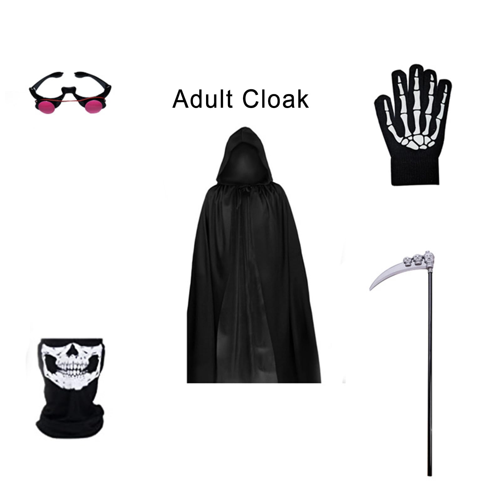 Niceyoeuk Halloween Cloak Cosplay Costume for Women Men Kids Death Grim Reaper Horror Robe with Glowing Red Eyes Glasses,Scythe,Facewear,Gloves (Black Adults - Image 4