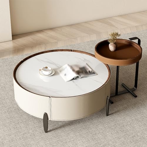 Modern Nesting Coffee Table Set with Storage Drawers Circular Side End Tables for Living Room Couch Bedroom Small Spaces Unique Design