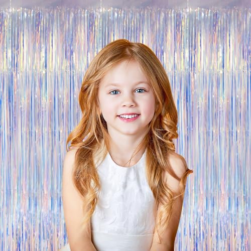 Image of Voircoloria 2 Pack Iridescent Foil Fringe Curtains, Holographic Tinsel Streamers Birthday Party Decorations, Fringe Backdrop for Kids Birthday, Baby Shower, Anniversary, Engagement Themes Party