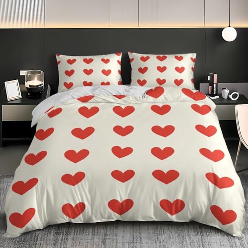 Juego de Ropa de Cama de 3 Piezas Funda Nordica 135x200 cm Beige Microfibra Suave Transpirable CorazóN Rojo RomáNtico de Amor Juego de Funda Nórdica con Cremallera para Niños y Adultos - Cama 80/90