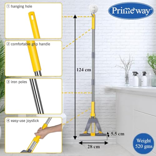 Image of Primeway PVA Self Wring Butterfly Floor Cleaning Mop | New Pull Design with No Lever | 124cm Long Iron Coated Handle | 28cm Extremely Absorbent Sponge | 3 Pcs Extra Spare Refills | Grey