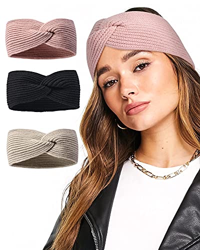 Camptrace Winter Headband For Women Head Ear Warmers Soft Knitted Cold Weather Headbands (Black+Khaki+Pink, One Size) #TOP23