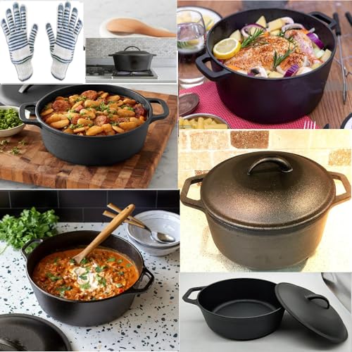 VG® Pre Seasoned Cast Iron Dutch Oven 4.7 Litre / 5 Quart | Casserole Dish with Lid | Cooking Pot | Double Loop Handles | Oven Proof & All Hobs | Perfect for Bread Making |Camping | with Oven Gloves