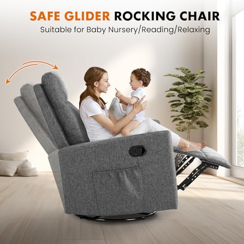 Sweetcrispy Swivel Recliner Chair, Rocking Chair Nursery, Glider Rocker Recliner for Nursery, Glider Nursery Chair for Living Room with Extra Large Footrest, High Back, Upholstered Deep Seat (Grey)