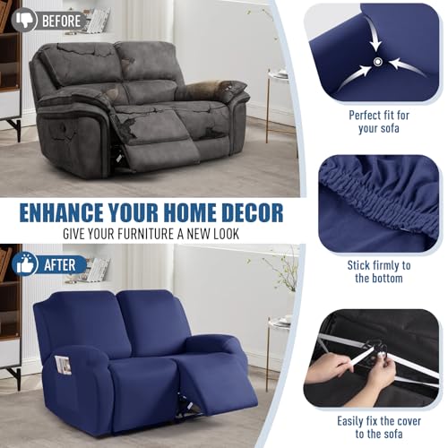 Image of TAOCOCO Stretch Recliner Loveseat Cover 2 Pieces Couch Covers for 2 Seat Reclining Sofa, Soft Polyester Fabric Washable Furniture Protector Loveseat Couch Cover with Pockets (2 Seat, Dark Blue)