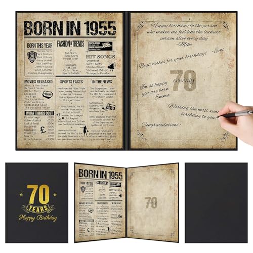 Benjia 70th Birthday Decoration, Bday Card Gift Guest Signing Book for Woman Man, Born in 1955 UK Poster Guestbook, 70 Years Old Signature Board, Vintage Birthday Party Decor for Dad Mum