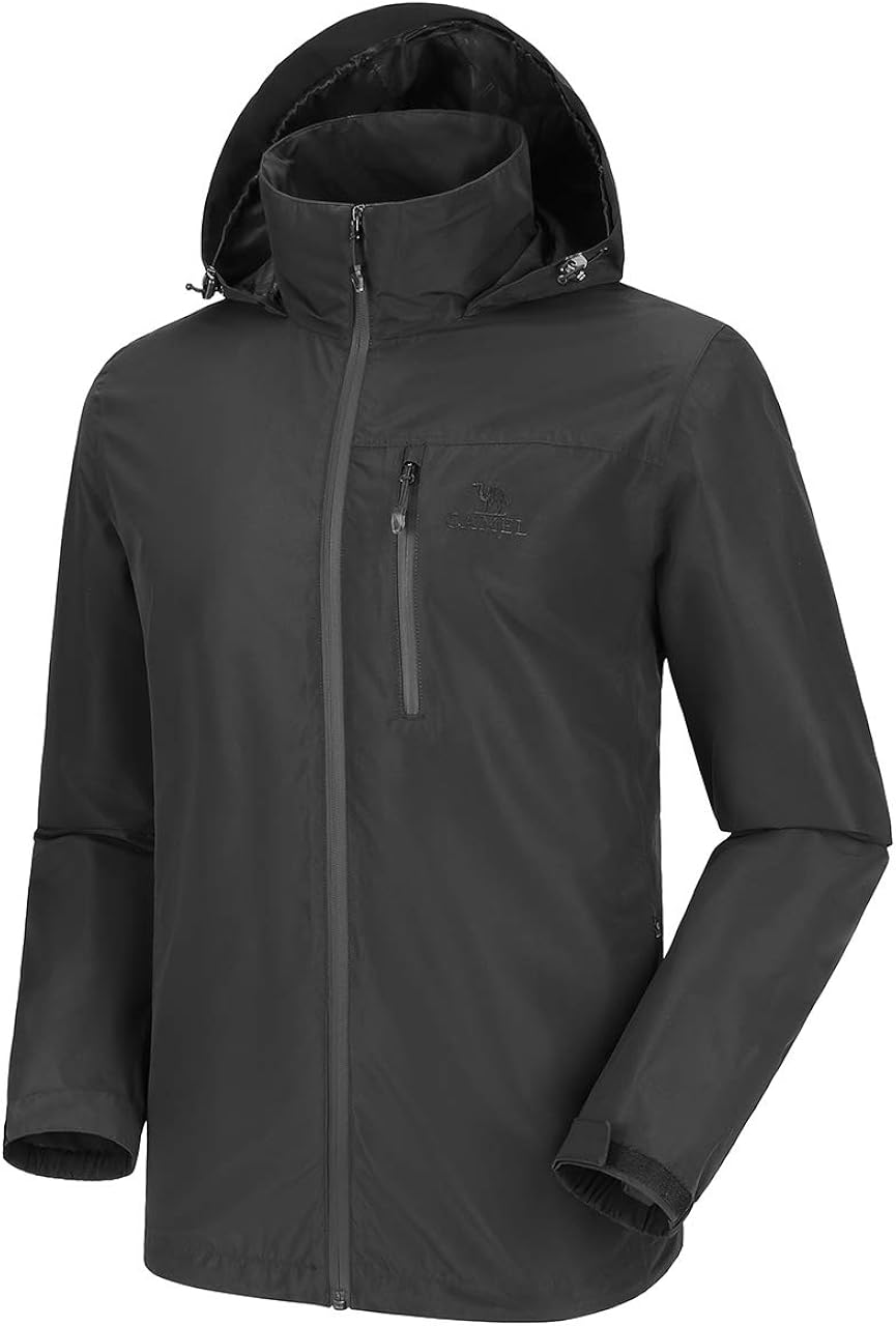 CAMEL Men's Lightweight Rain Jacket Waterproof Raincoat Windbreaker Hooded Active Outdoor Shell Jacket for Hiking Work: Clothing