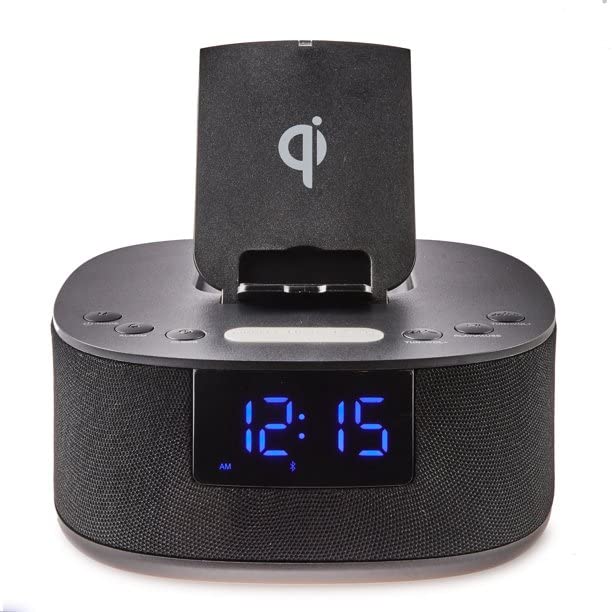 onn. Clock Radio with Wireless Charging and Bluetooth Speaker, Black, 100008727