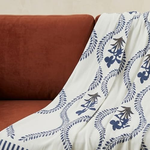 Image of SAJAVAT HOME Hand-Knitted Slub Cotton Sofa Throw | All-Season Throw Blanket for Sofa, Bed, Couch, Chair & Travel | 80x52 Inches (204x132 cm) | White Printed with | Pack of 1