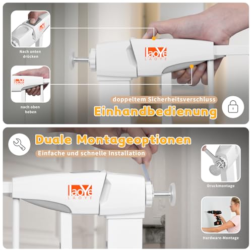 LAOYE Treppenschutzgitter ohne Bohren, Extra Hoch 92 cm Höhe, 75-124 cm Breite, Türgitter Baby mit 3 Verlängerungen, für Kinder, Hunde und Katzen, Auto-Close & 90° Stopp - Weiße