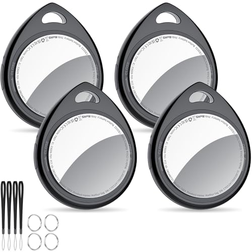 QCOQ® Air Tags 4er Pack Schwarz, Schlüsselfinder & Air Tracker Tagg Kompatibel mit Apple Wo ist? App (Nur iOS), Smart Key Finder mit Schlüsselband, Koffer-Tracker für Taschen/Keys, Austauschbarer Akku
