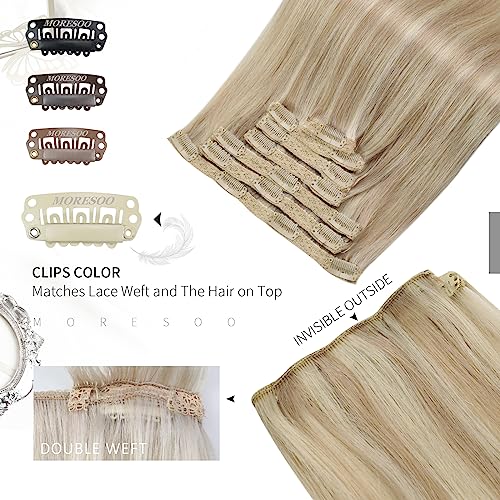 Moresoo Human Hair Extensions Clip in Highlight 22 Inch Ash Blonde with Platinum Blonde Clip in Hair Extensions Real Hair Full Head 7 Pieces/120g #P18/613 - Image 4