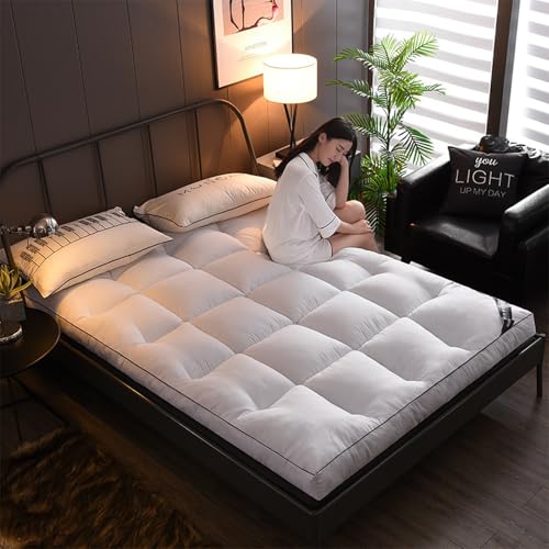 Cubre Colchón Transpirable Topper para Dolor de Espalda, Colchoncillo Algodón Ultra Suave Reina, Extra Grueso Acolchado Pillow Top con Relleno de Plumón(King(180x200cm), White)