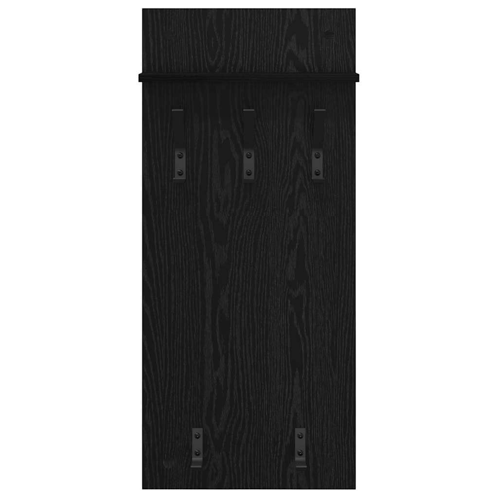 Montowany na ścianie stolik nocny o wyglądzie czarnego dębu, z materiału drewnopochodnego, 40 x 10 x 90 cm, z regałem i haczykami, zajmuje mało miejsca, do korytarza, sypialni, salonu, biura