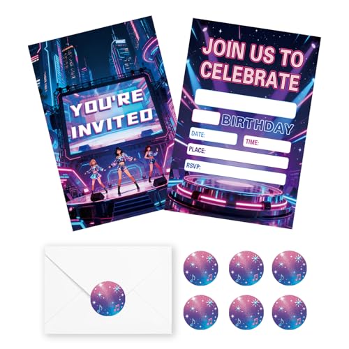 20 Sets Music Birthday Invitations Girl with Envelopes and Stickers Kids Invites Party Supplies Decoration 4x6 Inches